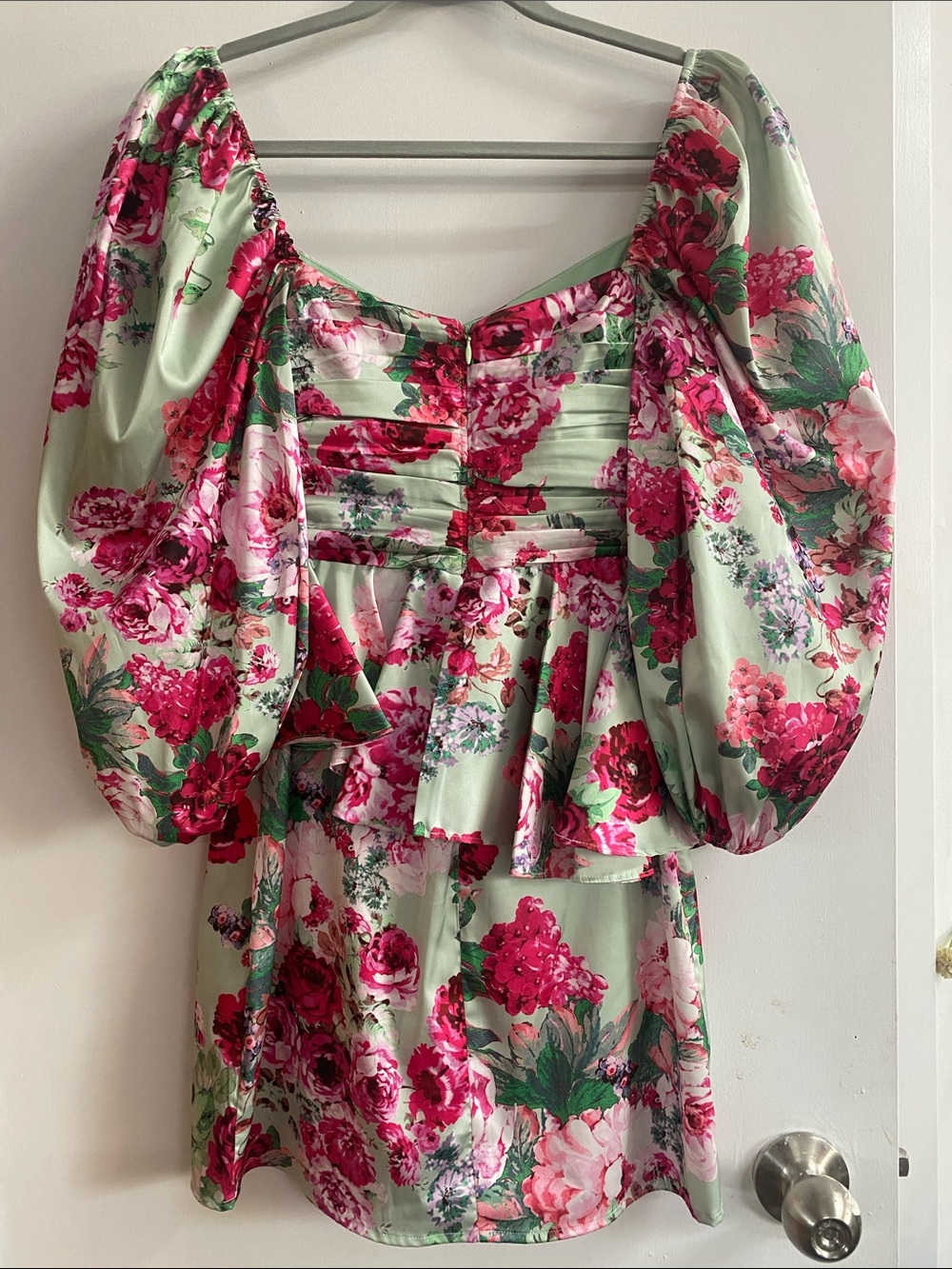 For Love & Lemons Mint Green Floral Mini Dress with Pink Roses